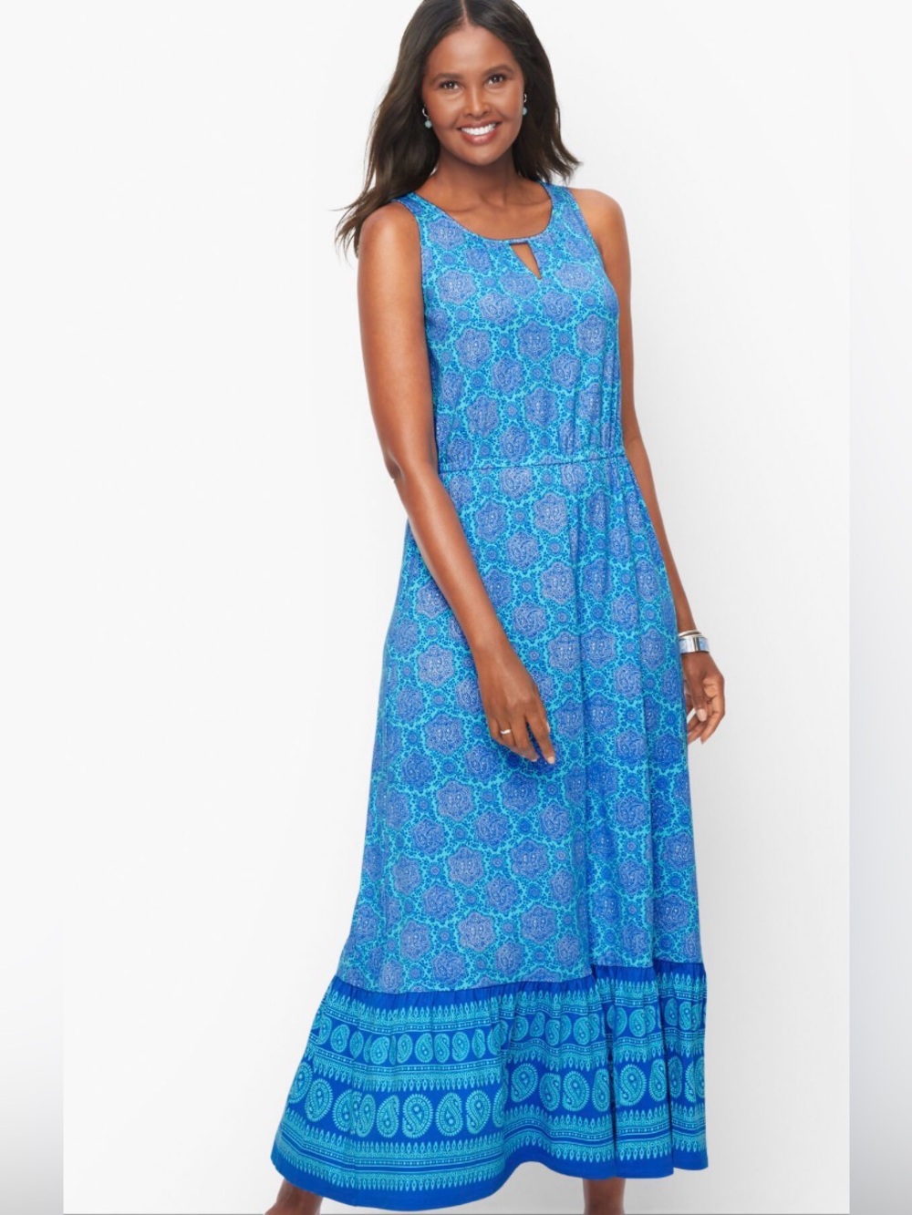 Talbots Maxi Boho Prairie Dress Paisley Sleeveless Keyhole blue white Size XL